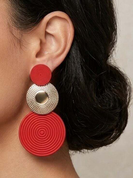 Big Jewelry Co Jewelry - Bold Red Triple-Drop Earrings with Textured Gold Disc